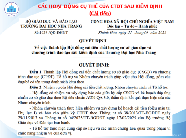 Trường Đại học Nha Trang đã tổ chức chương trình tập huấn "Hướng dẫn xây dựng kế hoạch cải tiến (22 CTĐT) và viết báo cáo giữa kỳ (04 CTĐT) sau kiểm định"